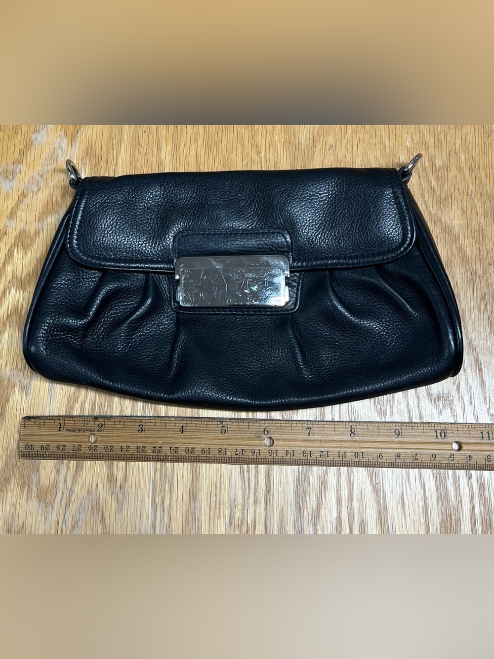 Express Black Genuine Leather Ruched Flap Crossbody Bag Evening Clutch 10